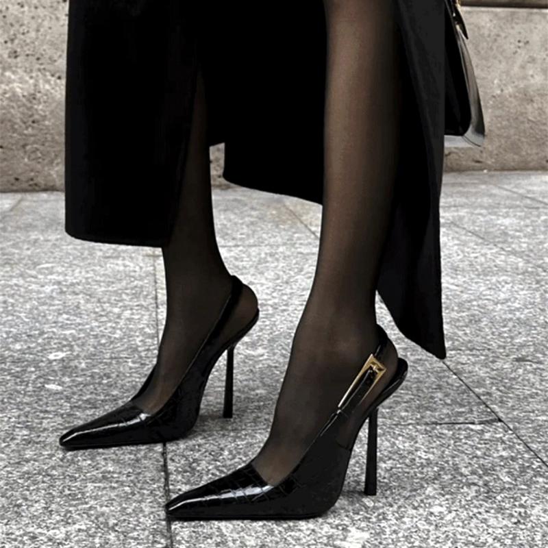 Fashion Patent Leather Pattern Thin High Heels Women Sexy Pointed Toe Metal Buckles Slingback Heeled Sandals Elegant Banquet Dress Shoes