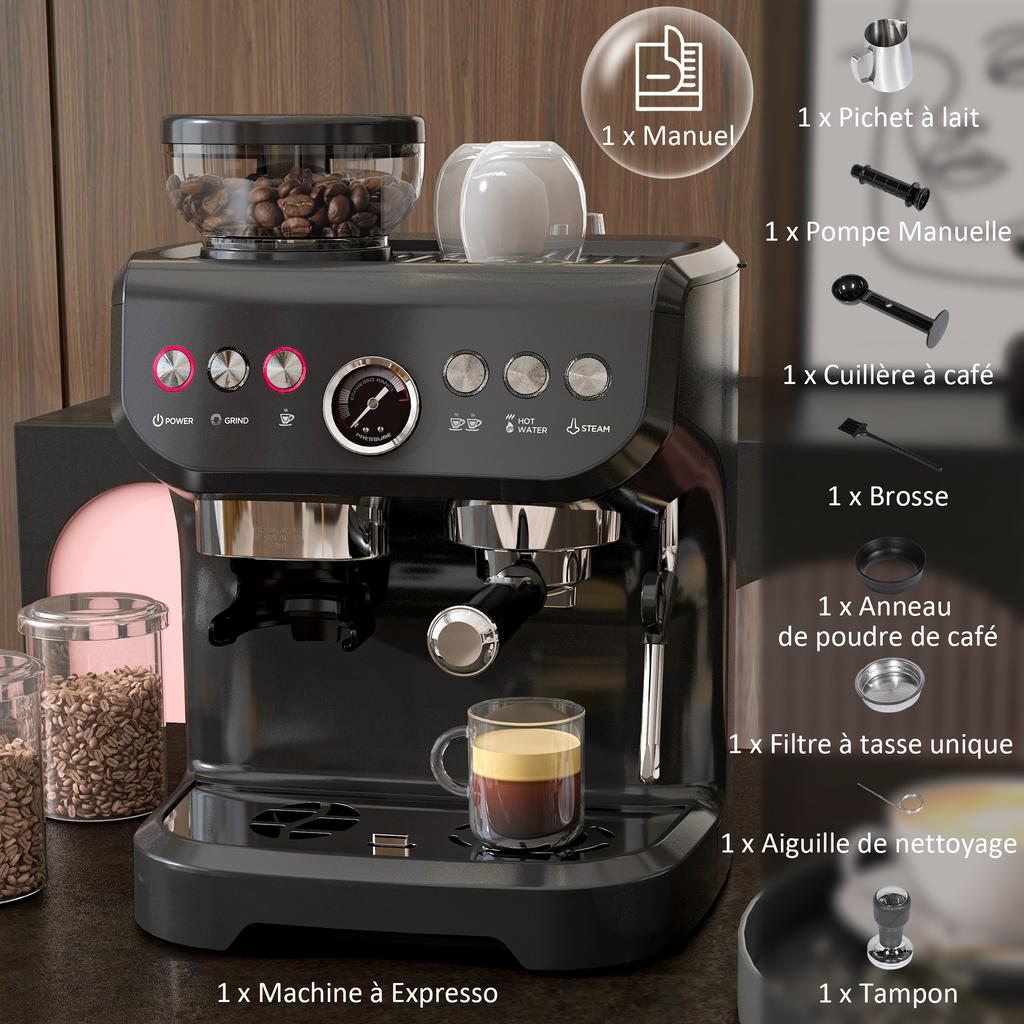 Espresso Machine, 1600 W, Built-In Grinder, Steam Wand, 15-Bar Pump, 2 L Water Tank, Black