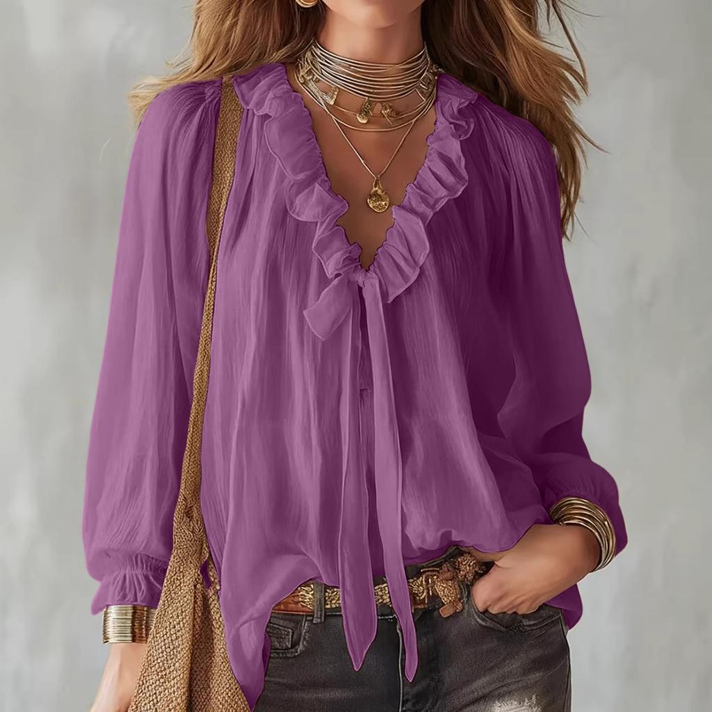 Women's  Fashionable Color V-neck Long Sleeved Tied Loose Shirt Top