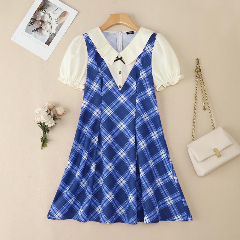 

VONDA Women Elegant Puff Sleeve Stitching Neck Casual Mini Pleated Dress 4XL синий