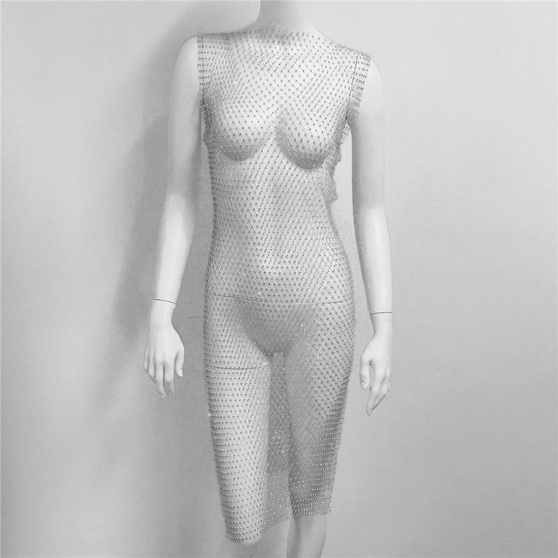 Crystal Diamond Beach Dress Women Sexy V Neck Hollow Out Rhinestone Sleeveless Bodycon Dress 2021 Mesh Party Dresses #0729