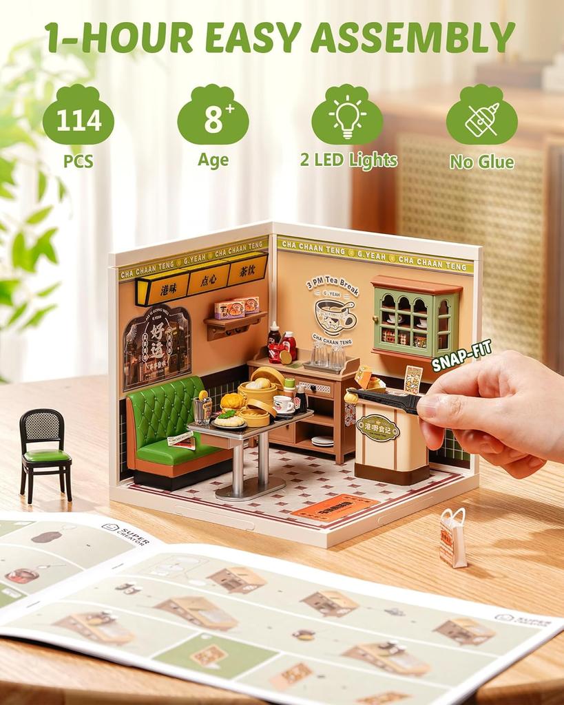 Robotime Super Creator DIY Miniature House Kit Model Kits for Adult to Build Home Desk Bookshelf Decoration Hong Kong Bites Cafe