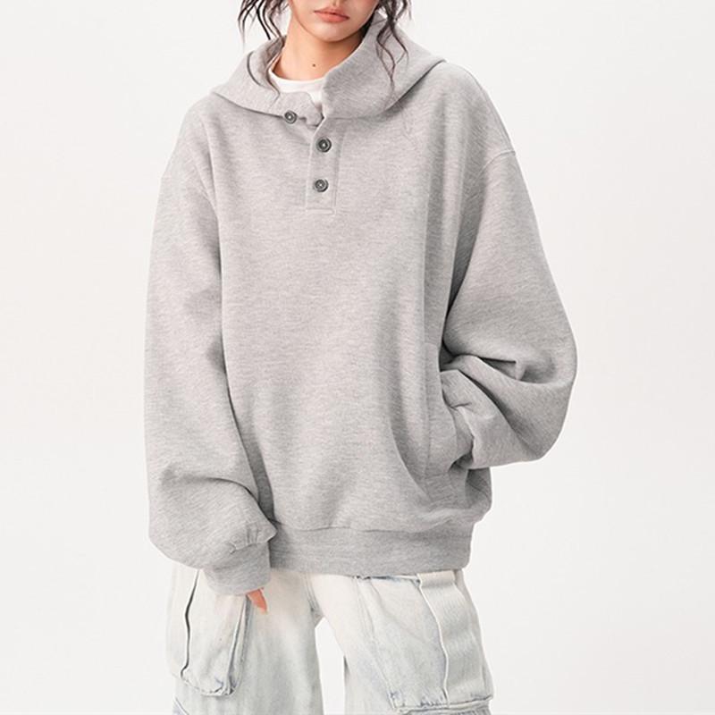 

Унисекс Худи с капюшоном на пуговицах с двойным воротником, тяжелый вес - Осень/Зима Свободный крой Уличная одежда для пар Large серый