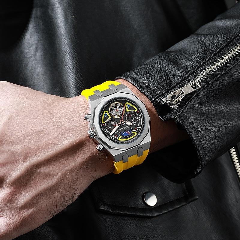Automatic Men's Mechanical Watch for Sports 30M Water Resistant Stainless Steel Band Moon Phase Fluorescent Pointer Dial