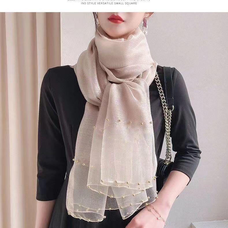 Summer Gold and Silver Edge Beaded Silk Scarf - Beach Sunscreen Shawl for Women