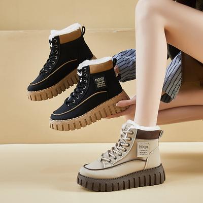 Klobige Plateau-Schneestiefel für Damen, Winter-Stiefeletten mit rutschfester Sohle, Schnürung, Kunstfellfutter, Wanderschuhe, warme High-Top-Sneakers mit Fleecefutter für Damen
