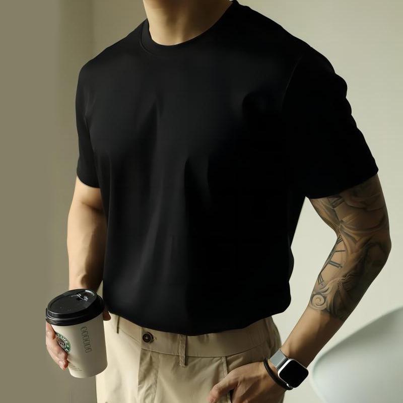 Мужская теплая футболка с коротким рукавом из плотного ворсистого велюра - Универсальная базовая футболка с круглым вырезом S чёрный 1370₽