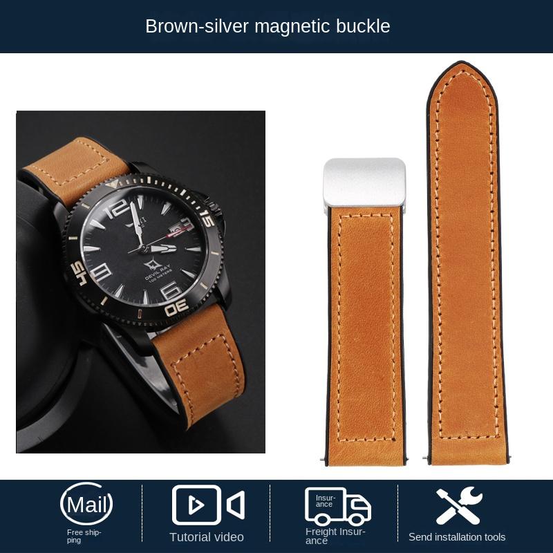 Fibbia Magnetica Pelle di Mucca Vera Pelle Cinturino Orologio 20 22mm Rilascio Rapido Morbido Impermeabile Uomo Fondo in Silicone Cinturino Orologio Bracciale