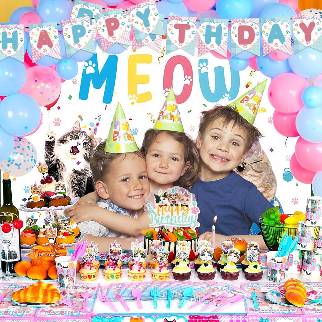 183 PCS Cat Birthday Party Decorations, Cat Themed Party Decorations Includes Balloons, Backdrop, Happy Birthday Banner, Tablecloth, Plates, Cups,