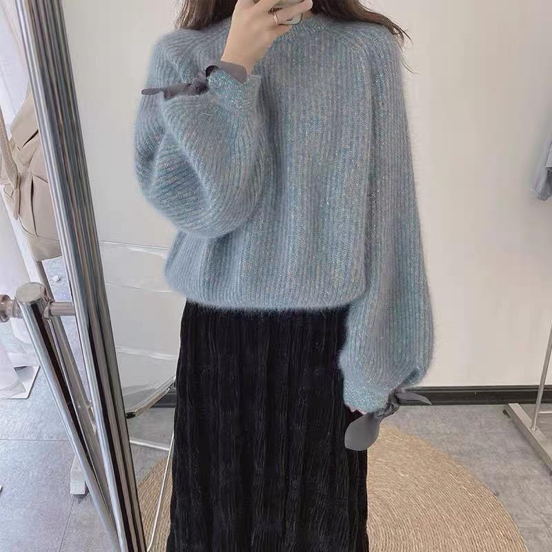 2025 Women's Korean-Style Lantern Sleeve Bow Sweater