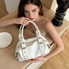 Black Faux Leather Shoulder Handbag Rivet Buckle Decor Vintage Satchel Bag with Top Handles