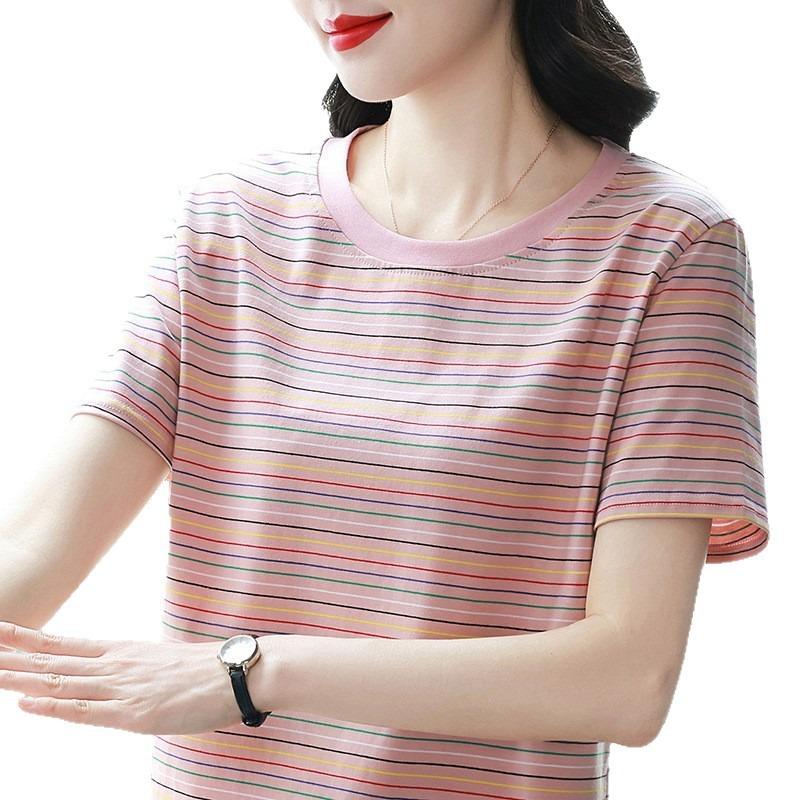 Women Multicolor Stripe Crew Neck Short Sleeve Cotton Blend T Shirt