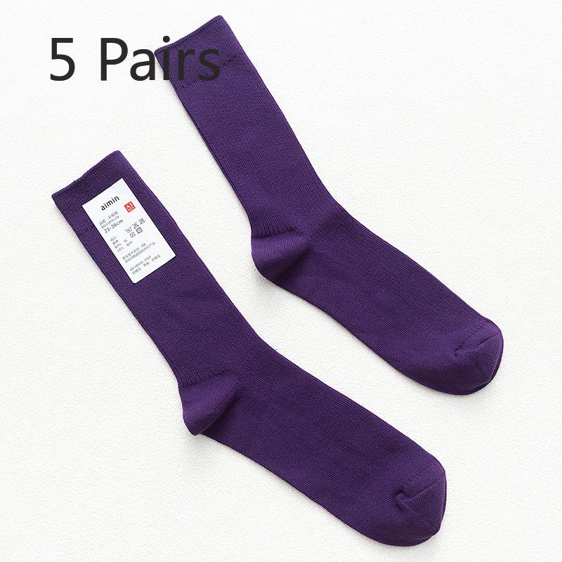 5 Pairs of Men's Retro Sweat-absorbing Vertical Striped Plain Color Cotton Mid Calf Socks