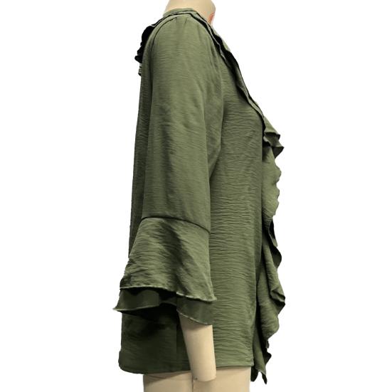 Camisa de mujer con cuello en V, mangas 3/4, volantes, costuras, color liso, pulóver, blusa informal holgada para uso diario