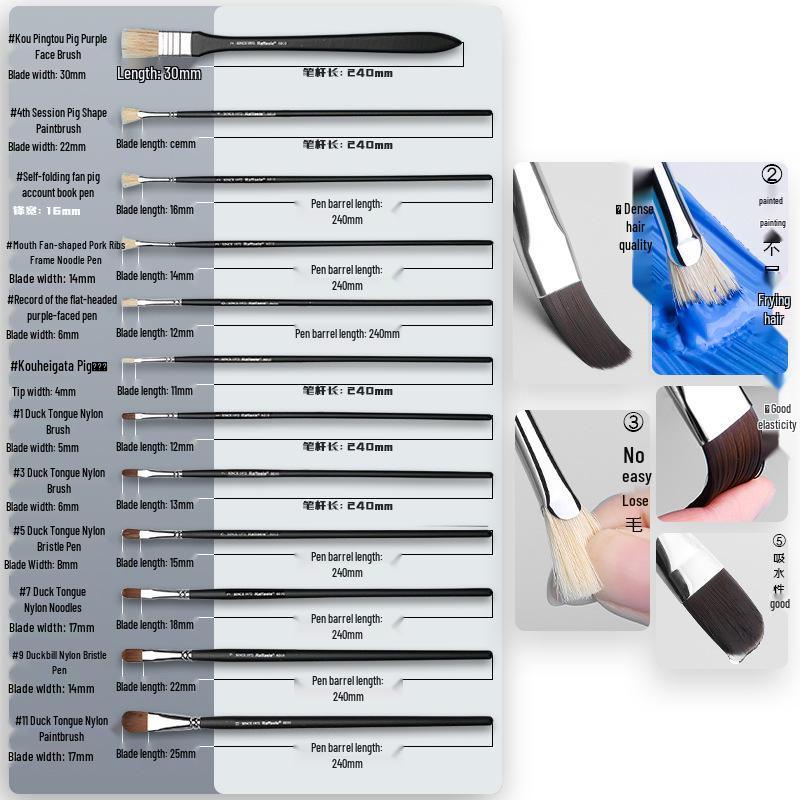 12-Piece Hog Bristle Oil Paint Brushes, Black Handles + 6-Piece Nylon Acrylic, Gouache, Watercolor Flat Brushes for Beginners