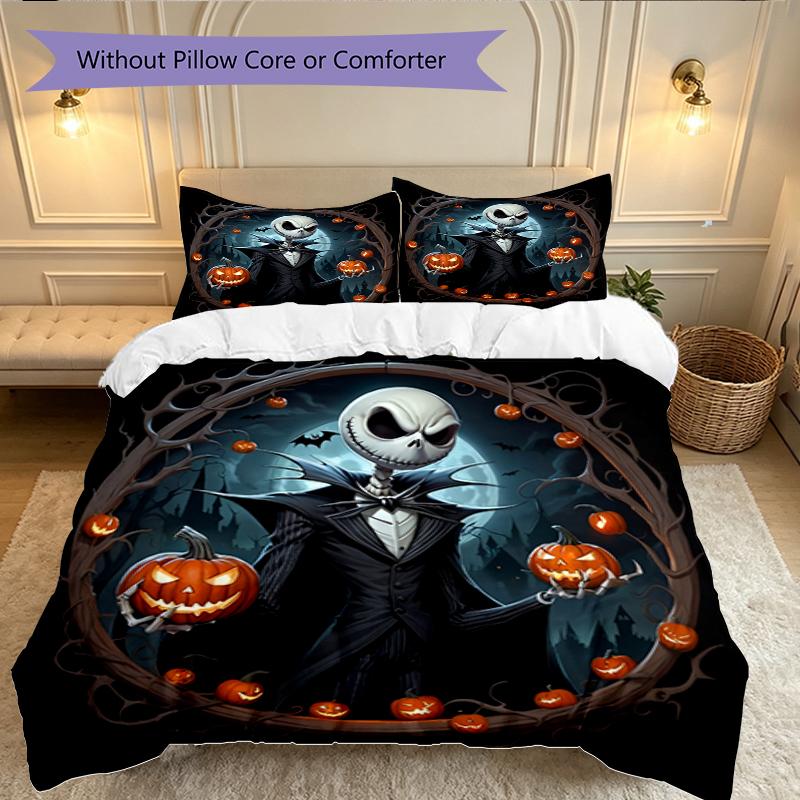 3pcs Halloween Jack Sally Skull Bedding Set for All Season Use, Cozy Printed Bedclothes Suitable For Bedroom Ideal Birthday Gift for Family