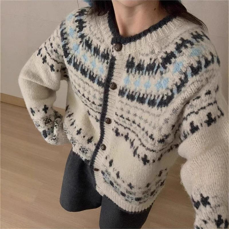 Premium retro jacquard crew neck knitted cardigan women's autumn and winter thickened single-breasted loose Fair Island sweater jacket