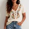 Women's Short Sleeve V Neck Knit Top Floral Embroidery Tie Detail Casual Blouse