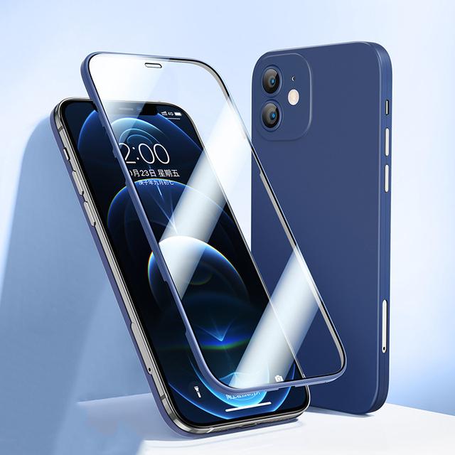 

Ультратонкий чехол с полным покрытием на 360° для Iphone 12pro Max 13mini Conque, чехол для Iphone 11pro X Xr Xs Max 11 Pro, крышка из закаленного стекла for iPhone 13 Mini темно-синий