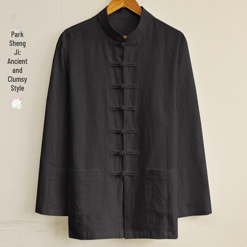 Park Shengji Men's Chinese Style Linen Shirt - Retro Tang Suit for Spring and Autumn