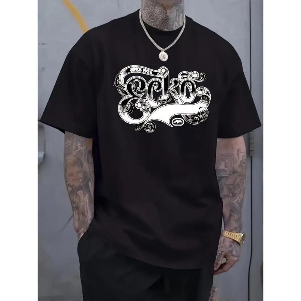 European Sizes Men S Casual  Graphic T-Shirt - White, Short Sleeve, Crew Neck, Summer Style, Regular Fit, Tattoo-Inspired Design S