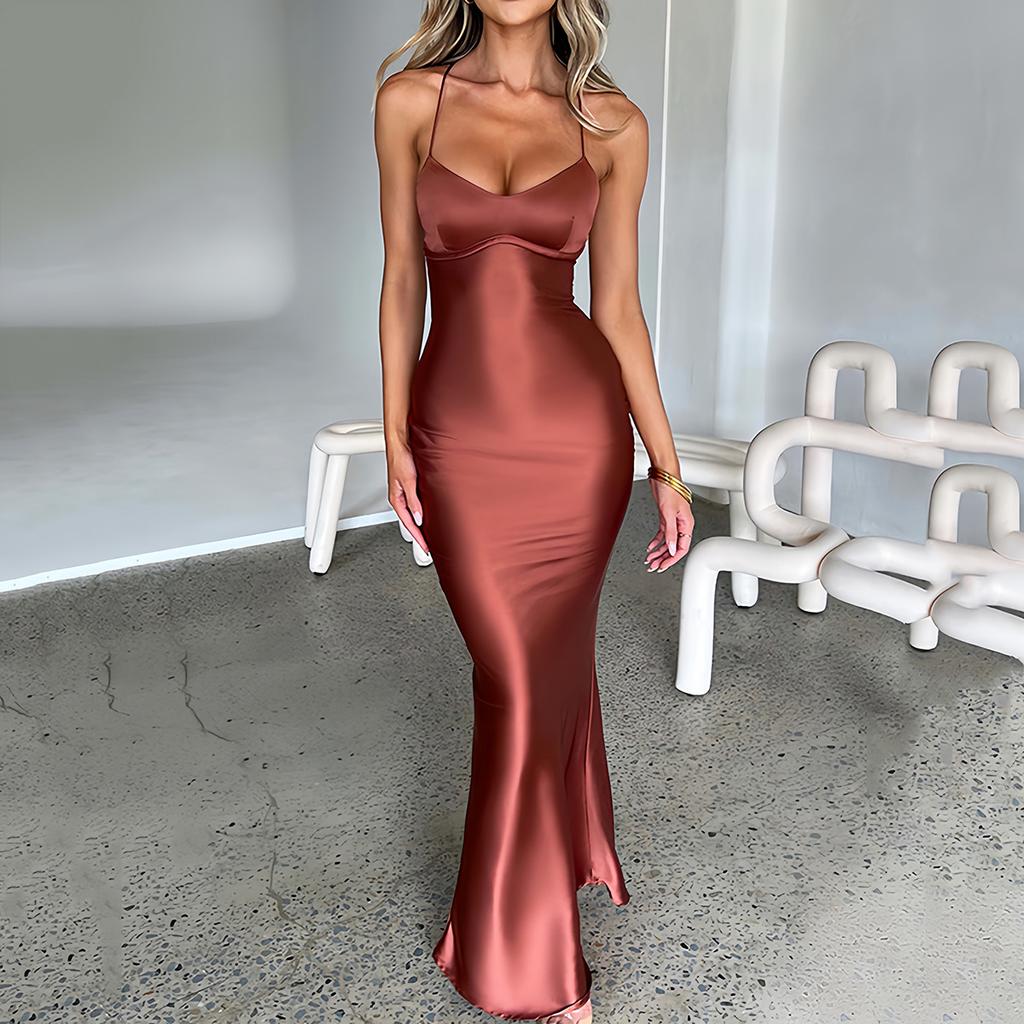 Articat Raso Schiena Nuda Allacciatura Abito Sottoveste Sirena Donna Scollo a Cuore Sexy Slim Abiti Bodycon Elegante Abito di Seta Abbigliamento da Festa