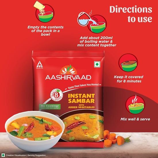 Aashirvaad Instant Sambar with Added Vegetables, Ready To Eat, Goodness of Dals, No Added Preservatives, Ready In 8 Minutes, 30g