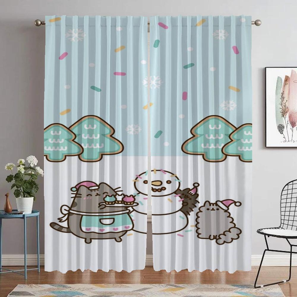Kitchen Curtains 2 Pieces Pusheens Curtains for Bedroom Living Room Curtain Halloween Decoration Partition Shades Blackout Child