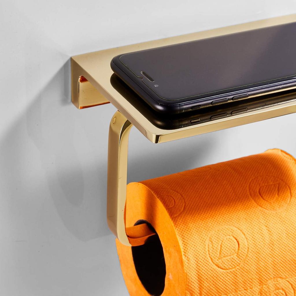 Toilet Paper Holder for Bathroom Solid Brass and Superior Hotel Style Tissue Roll Holder with Cell Phone Storage Gold Finish