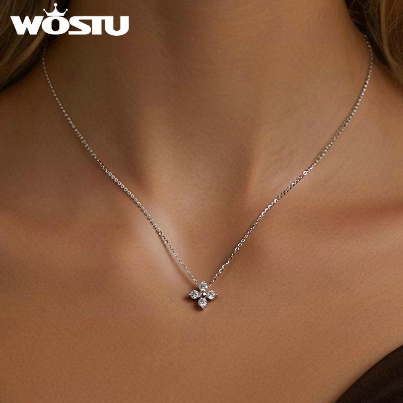 WOSTU Moissanite Lucky Clover Bracelet Pendant Necklace Women s925 Silver Diamound Cut Charm Bracelets Necklaces Wedding Jewelry
