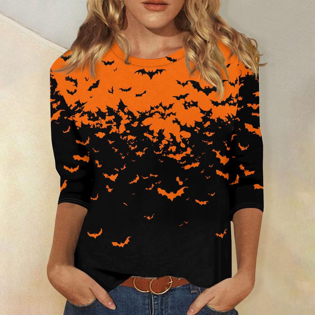 Women's Fashion Casual Three-quarter Sleeve Halloween Printed Round Neck Top