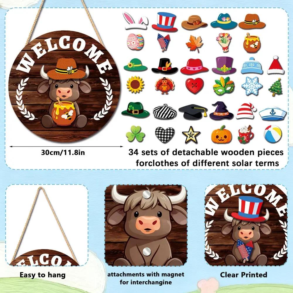 Rustic Upland Cow Wooden Welcome Sign with 35 Interchangeable Accessories for Seasonal Home Decoration Hanging