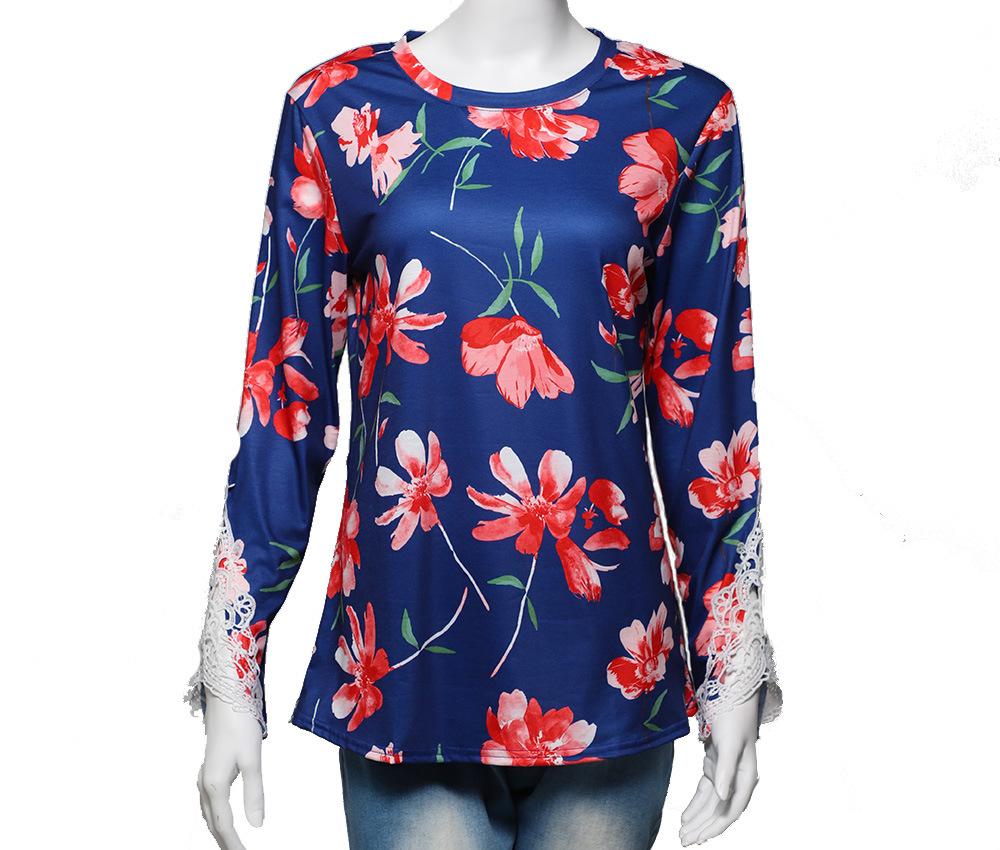 2025 cross-border Amazon fashion retro women s clothing long-sleeved printed thin crew neck women s top women s T-shirt S
