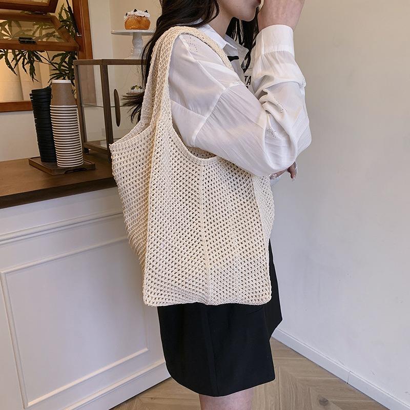 New summer vacation style solid color shoulder bag woven tote bag large capacity portable underarm bag beach bag