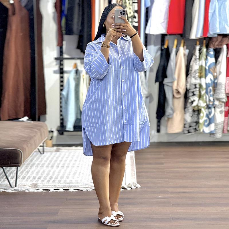 Women's 2026 Summer New Fashionable Turn-down Collar Buttoned Loose Striped Long Sleeve Mid-length Shirt