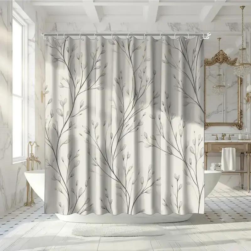 Minimalist Branch Shower Curtain Gray Botanical Pattern Bathroom Decor Waterproof Curtains Elegant Home Style