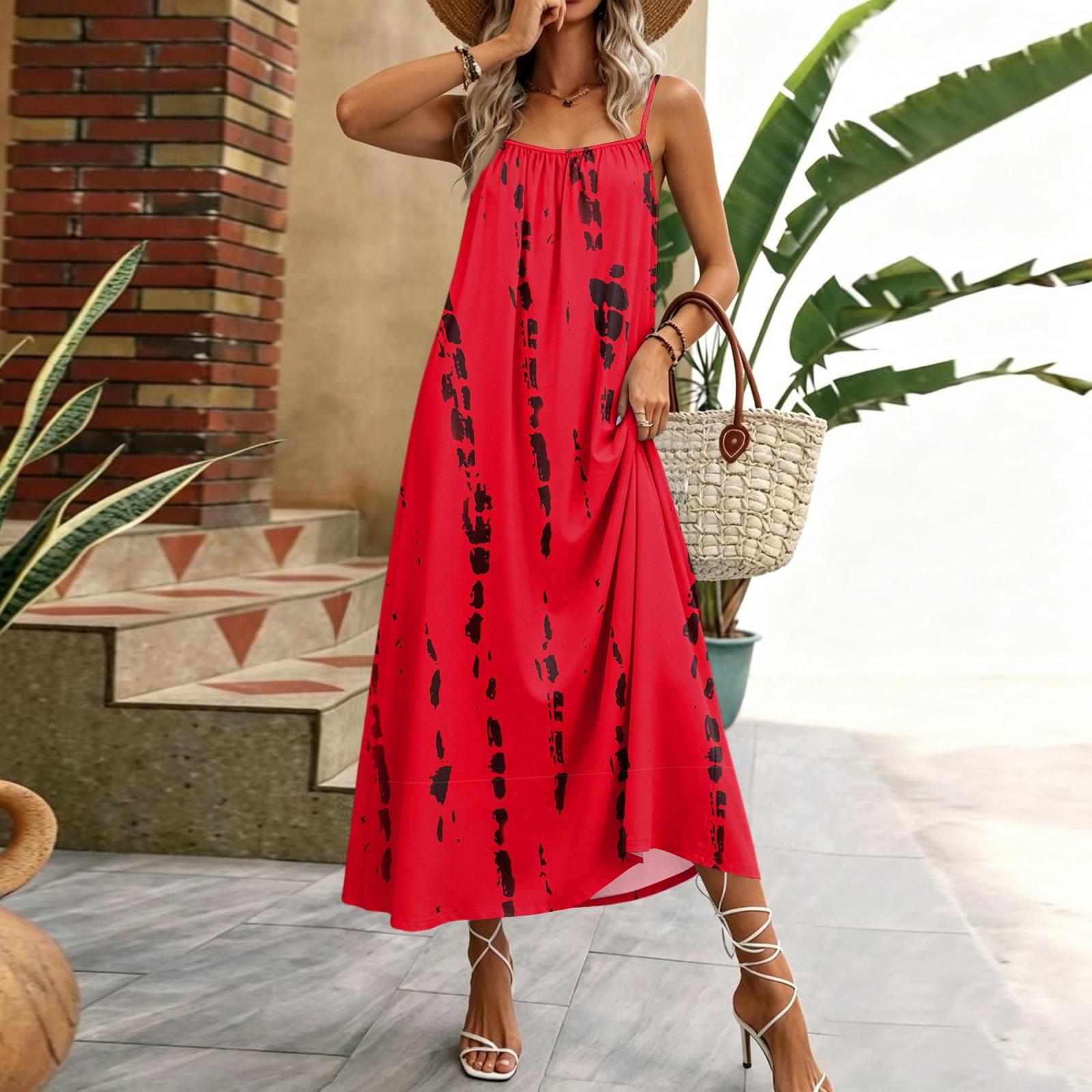 

Women Sleeveless Maxi Dress Geometric Print Spaghetti Strap Long Dress Casual Home Vacation Wear Lightweight Comfortable Fabric S винний