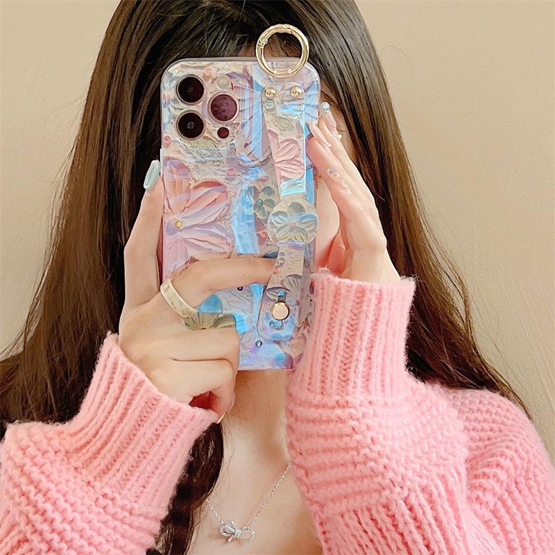 Oil Painting Flower Wrist Strap Diamond Phone Case For Iphone 16 15 Pro Max