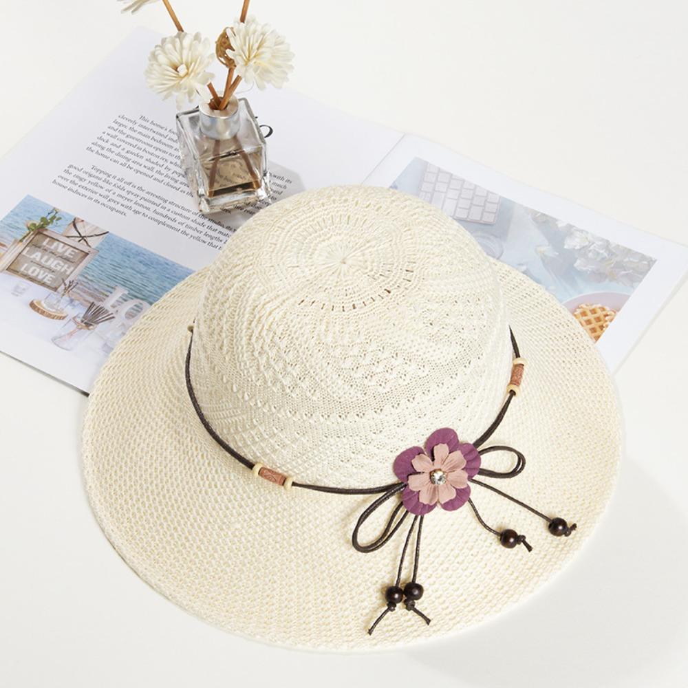 Bow Flowers Straw Hat Ventilate Sun Hat Collapsible Beach Hat