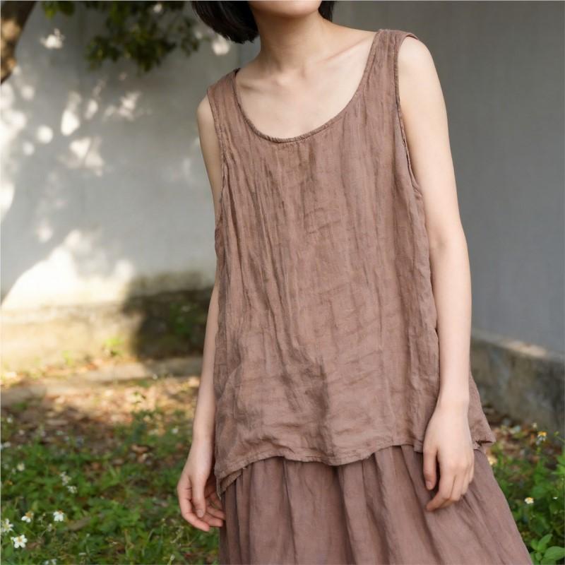 Johnature Women Tank Tops Summer Chinese Style O-Neck Sleeveless Cloths Solid Color Soft Loose Tank Tops