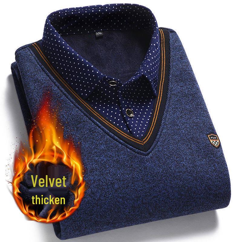 Middle-aged Men's Warm Knitted Sweater - Fake Two-Piece, Plus Velvet, Thick Long Sleeve Winter Outfit for Dad