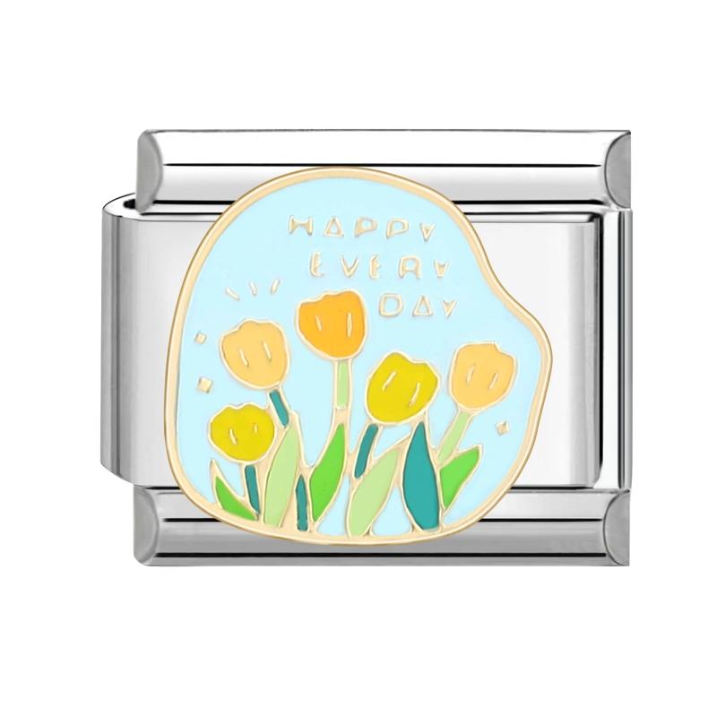 Summer Spring Colorful Flowers Bouquet Tulip Rose Heart Italian Charm Links Fit 9mm Bracelet Stainless Steel Women DIY Making