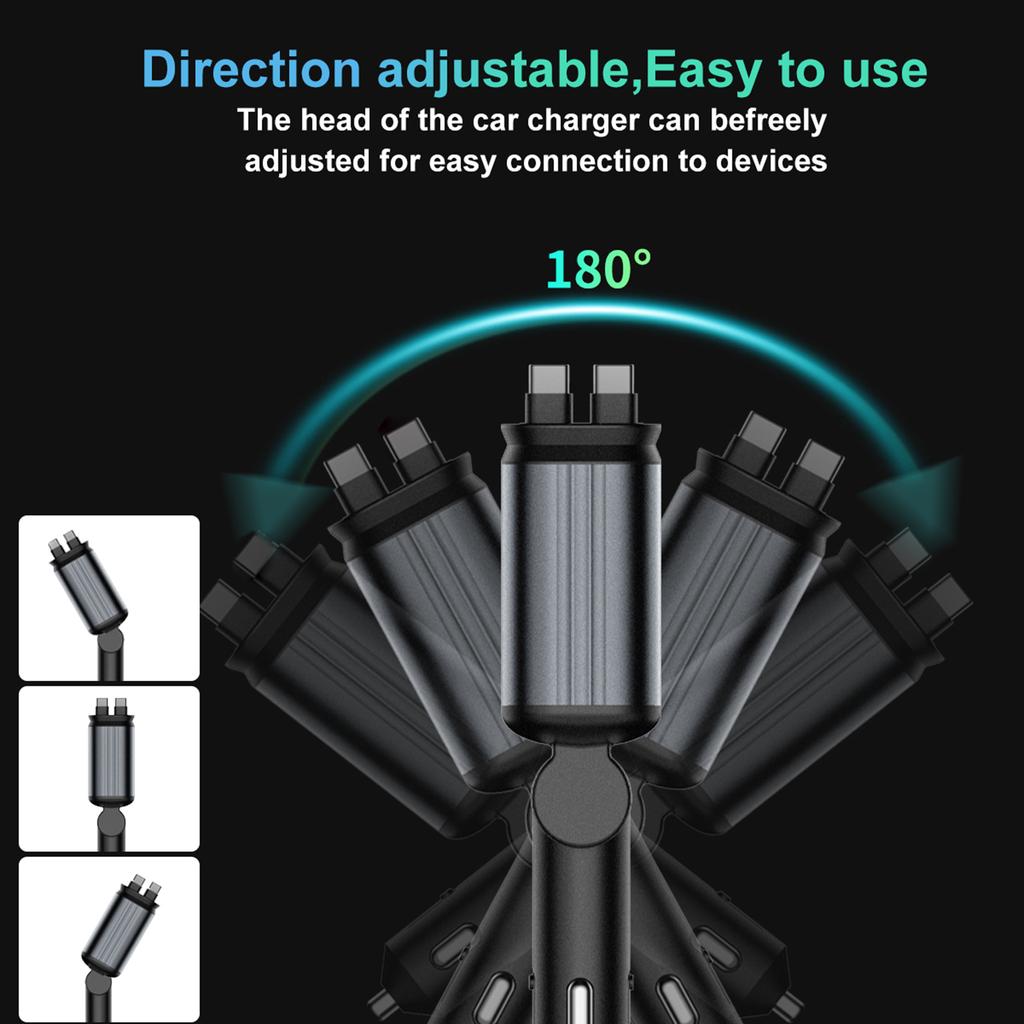 4 In 1 Car Charging Adapter with Star Projector Light Retractable Cable Double USB C & USB A Fast Car Charger for Phone
