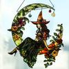 Acrylic Halloween Witch On Moon Suncatcher, Colorful Floral, Art Leaf, Crescent Moon Hanging Window Ornaments for Home & Garden