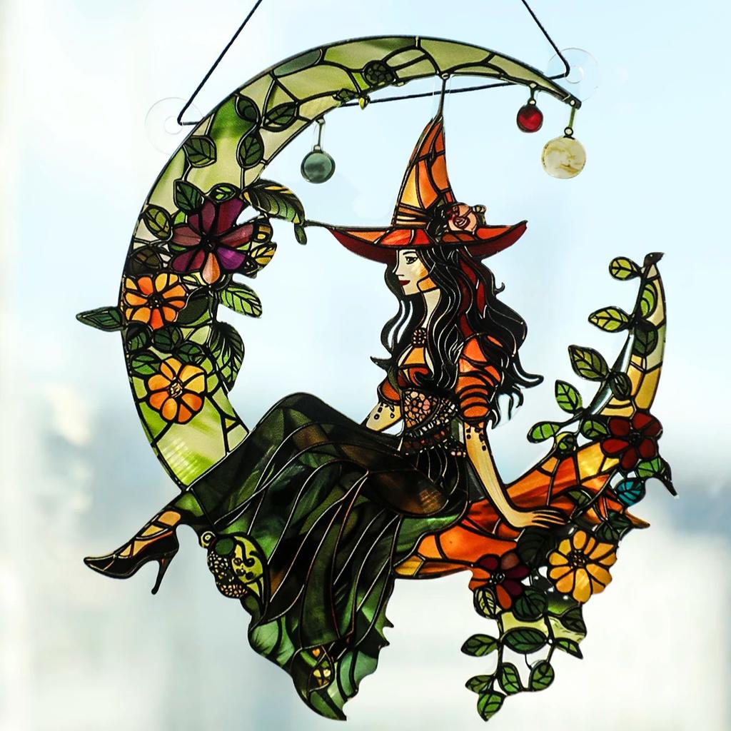 Acrylic Halloween Witch On Moon Suncatcher, Colorful Floral, Art Leaf, Crescent Moon Hanging Window Ornaments for Home & Garden