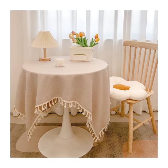 Tovaglia in Cotone e Lino con Bordi Frangiati, Tovaglia Monocolore Lavabile con Nappe, Copritavola Rotondo per Cucina Sala da Pranzo