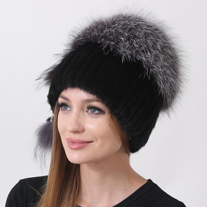 Natural Knitted Mink Fur Hat Stylish Women Winter Warm Fluffy Fox Fur Cap Fashion Beanies Thick Knitted Hats