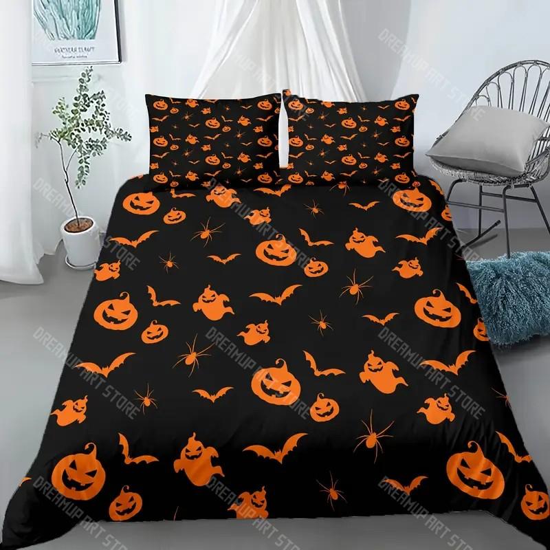 Halloween Quilt Cover Set Halloween Theme Comfortable Bedding Set Digital Print Plaid Pattern Cute Ghost Pumpkin One Quilt Cover