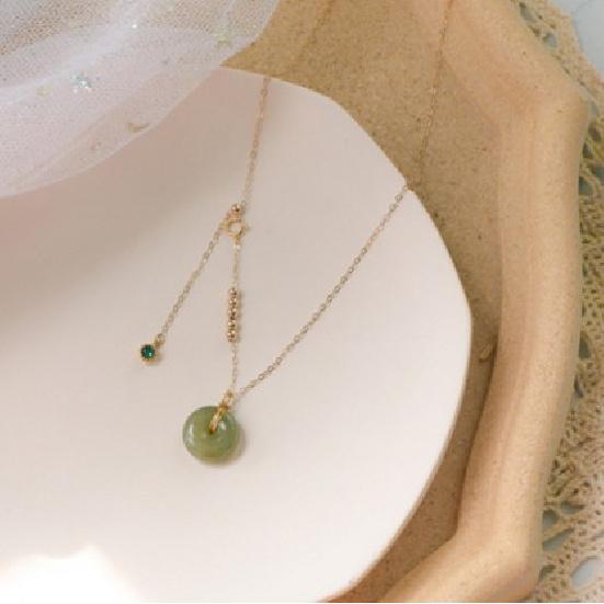 

14k Gold and Tianyu jade bead necklace for women, peace pendant collarbone chain, unique design jade jewelry Pure Natural