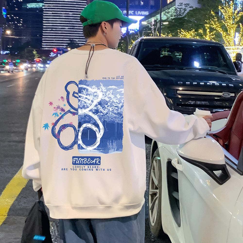 Aaronlive Rundhals Långärmad Söt Björn Populär Tröja Lös Storlek Vit Herrhuvtröja, Tryck, Tröja, Vardaglig, Bekväm, Passform, Vår,